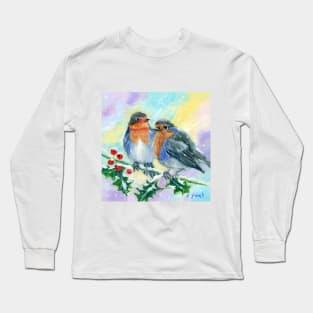 Robins on a holly branch Long Sleeve T-Shirt